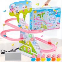 抖音社会人小猪充电爬爬梯 儿童灯光音乐电动轨道玩具|供电版六只小猪加四口 大号彩盒版