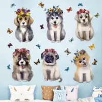 卡通可爱小狗狗猫咪墙贴画儿童房宝宝卧室装饰贴纸幼儿园开学布置|6只狗狗和蝴蝶SK7137