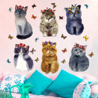 卡通可爱小狗狗猫咪墙贴画儿童房宝宝卧室装饰贴纸幼儿园开学布置|6只猫咪和蝴蝶SK7138