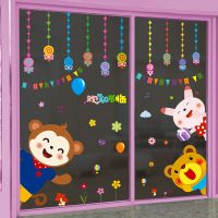 卡通动物墙贴幼儿园儿童房贴画双面防水防晒窗户玻璃贴纸窗贴门贴|棒棒糖吊坠+动物欢迎光临