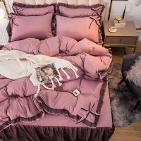 %水洗棉四件套床裙款公主风韩版黑纱蝴蝶花边被套床单三件套床品