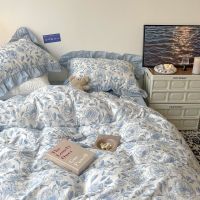 复古手绘山茶花纯棉3件套韩式少女花边被套全棉亲肤床上四件套