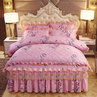 纯色夹棉床裙四件套床上用品公主床罩花边被套加厚单双人