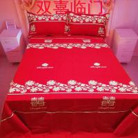 100%纯棉婚庆大红斜纹高档烫金三件套床单一件枕套一对