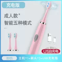 日常防水电动牙刷超声波震动智能软毛便携充电护齿深度清洁|粉色-5档(3刷头)USB充电款