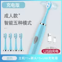 日常防水电动牙刷超声波震动智能软毛便携充电护齿深度清洁|天空蓝-5档(5刷头)USB充电款