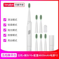 浪天电动牙刷男女成人款非充电式声波自动牙刷软毛防水|象牙白-智能升级款套餐-5档+6刷头+备用电源+刷头盖