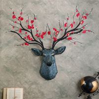 鹿头壁挂壁饰客厅电视背景墙面装饰挂件玄关墙上墙壁装修挂饰 高雅灰色带白色花