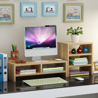显示器增高架电脑屏增高架ins桌面办公室双层整理收纳垫高液晶台式置物架子桌面收纳盒书籍玩具 浅胡桃 双层+三层柜带隔断