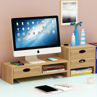 电脑显示器增高架ins办公室桌面收纳抽屉式置物架电脑架子增高底座书架台式机屏幕文 胡桃色 双层+三层柜(带抽屉带隔断)