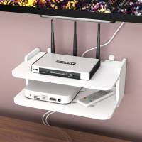 客厅电视机顶盒置物架墙上免打孔壁挂架路由器收纳盒卧室装饰家用多功能收纳箱 简约加长架粘钩(适合瓷砖)