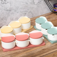 半个许仙日式简约带底座3格圆形调味盒 厨房带勺防尘防潮调料罐底座套装 红色