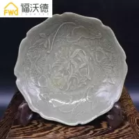 宋耀州窑刻莲花鱼纹盘全手工开片古瓷器收藏摆件 古董古玩