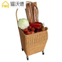 藤编手推车买菜推车菜篮子购物篮 手提篮购物筐同款行李车万向轮 棕色