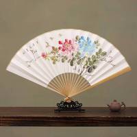 9寸手绘书法白纸扇男士折扇 中国风古风日用工艺礼品玉竹定制扇子 9寸牡丹