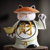 猫摆件开业礼品实用大气创意收银台居客厅开店送新店铺 典雅白-国风抱财功夫猫28cm