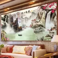 大幅3d钻石绣满绣 钻石画满绣新款客厅大幅风景山水画流水生财旭日东升十 魔方圆钻5D满钻180*80cm