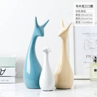 玄幻摆件 北欧风装饰品摆设电视柜摆放室内玄关柜摆设柜工艺品欧式 三口鹿+蓝色花瓶+陆莲一束