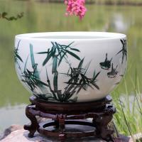 陶瓷青花瓷鱼缸摆件 景德镇手绘荷花缸大号养鱼盆家用客厅 竹报平安聚宝盆送七样
