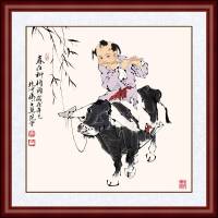 牧童骑牛挂画 吹笛中式客厅玄关杏花村国画水墨山水有框装饰画 A1-柳梢头 88*88cm实木框配有机玻璃面板单幅方版画框