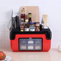 厨房佐料瓶罐架带盖调料盒套装放油盐酱醋收纳架多功能调味罐 升级带盖6格[红色+赠调料勺]