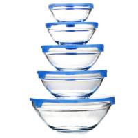 半个许仙套装简约圆形玻璃保鲜盒饭盒透明玻璃碗带盖冰箱收纳保鲜碗家用盒厨房配件保鲜储物盒 锥形碗五件套蓝色