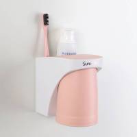 磁吸式漱口杯套装置物架免打孔牙杯架简约牙刷牙缸架壁挂式刷牙杯 粉色+灰色+卡其色