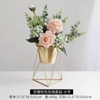 北欧逼真仿真花摆件绢花假花客厅花瓶装饰品玫瑰餐桌花艺干花摆设 轻奢粉色玫瑰套装&mdash;大号