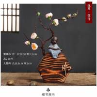 创意家居檀香仿风化木头禅意根陶瓷倒流香炉摆件茶道古沉香薰炉 抚琴摆件