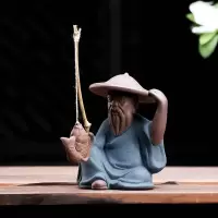 盆景姜太公钓鱼翁老头小摆件陶瓷微景观人物鱼缸装饰造景布景配件 渔翁钓鱼红色大号
