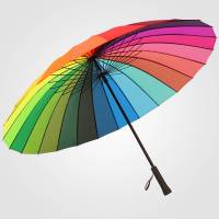 彩虹伞女七彩加固大号24骨抗风长把长柄雨伞防水套伸缩缩骨塑料壳 24骨加大(彩虹色)带透明防水套