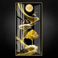 入户玄关装饰画走廊过道竖版壁画现代简约客厅轻奢风晶瓷镶钻挂画 福禄呈祥A 80*160金色外框铝合金拉丝画框