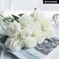 仿真玫瑰花套装塑料花婚庆装饰花家居摆件花艺客厅假花干花花束 绢布白色玫瑰花10支