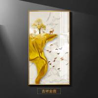 入户玄关装饰画竖版走廊过道墙壁画入客厅现代简约晶瓷挂画 吉祥金鹿 80*140金色框大韩水晶(大韩烤瓷水晶面画芯)