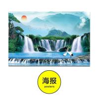 高山流水生财大瀑布客厅装饰玄关山水国画布卷轴挂画海报 挂画 80*120cm优质油画布
