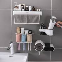 卫生间置物架厕纸盒纸巾架浴室壁挂电吹风机收纳架牙刷置物架套装 加长置物架+卷纸架+吹风机架+三口之家牙刷架
