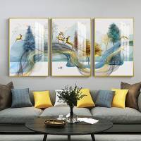 客厅装饰画风景意境画沙发背景墙背后挂画北欧三联组合晶瓷壁画大 林深时见鹿 60*80(墙宽或沙发长度3.2-3.8米)