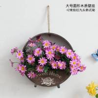 田园家居创意木质吊挂花篮式花盆墙饰壁挂花架悬挂花艺墙上装饰品 旧木色大号sweet+2玫红韩式菊