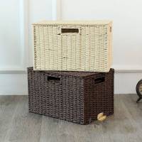 收纳箱藤编制 桌面储物箱零食杂物收纳盒玩具藤编整理框布艺家用篮子 浅黄色带盖无内衬 特大号42*30*30cm