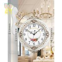 双面实木静音挂钟欧式田园风挂钟创意客厅时钟现代简约个性挂表 308白木框蔷薇花篮