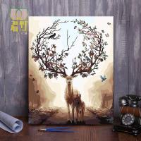 diy数字油画客厅风景花卉动漫人物填色手绘填色装饰画 银光冰鹿 森林麋鹿 60*75订好内框