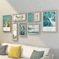 北欧墙面装饰画组合客厅墙上大尺寸免打孔沙发背景墙挂画大厅墙画 香槟银+幽蓝麋鹿+8框(清)