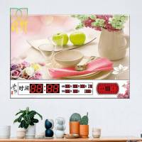 遮挡万年历电表箱装饰画可推拉带钟表客厅无框挂画配电箱闸开关盒 金枝牡丹 外长70高50内60*40有节气