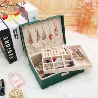 首饰盒双层大容量复古带锁欧式木质ins风耳钉耳环手镯饰品收纳盒 藏青牛皮纹大号