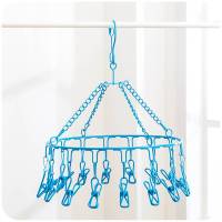 圆盘晾衣架不锈钢晒袜子架凉衣架多夹子家用多功能圆形晾内衣袜架 蓝色30夹