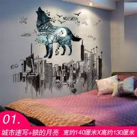 3D立体墙贴装饰海报纸卧室背景墙自粘贴纸宿舍墙壁纸贴画 01城市速写+狼的月亮