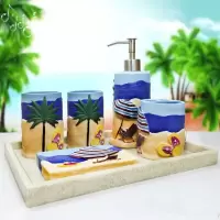 地中海 卡通卫浴五件套树脂漱口杯牙具洗漱套装浴室用品套件 夏威夷风情五件套+托盘