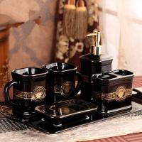 欧式创意陶瓷卫浴五件套卫生间刷牙漱口杯洗漱套装浴室用品带托盘 黑款卫浴六件套(带托盘)