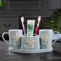 欧式陶瓷卫浴五件套创意牙刷杯六件套浴室漱口杯套卫生间洗漱套装 立体花蓝色6件套含陶瓷托盘