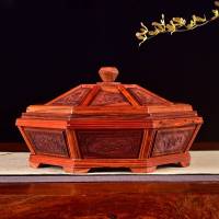 血檀果盘红木礼品摆件客厅带盖点心盒实木零食干果水果盘 血檀雕花八角果盘 内九格